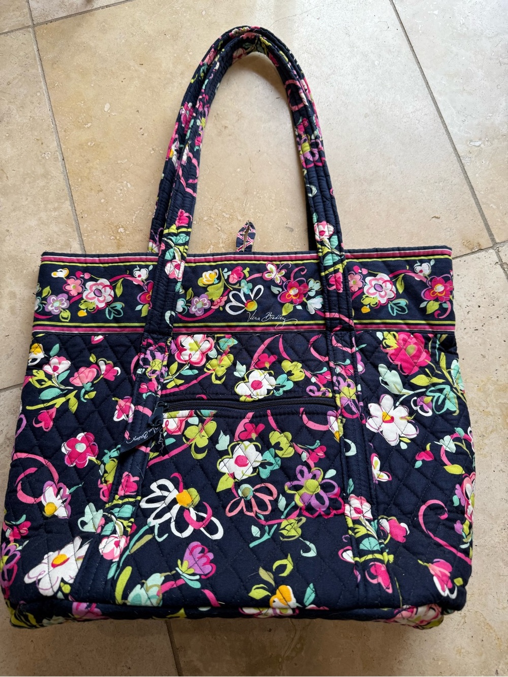 Vera Bradley Quilted Navy Floral Tote with Pink & Yellow Accents